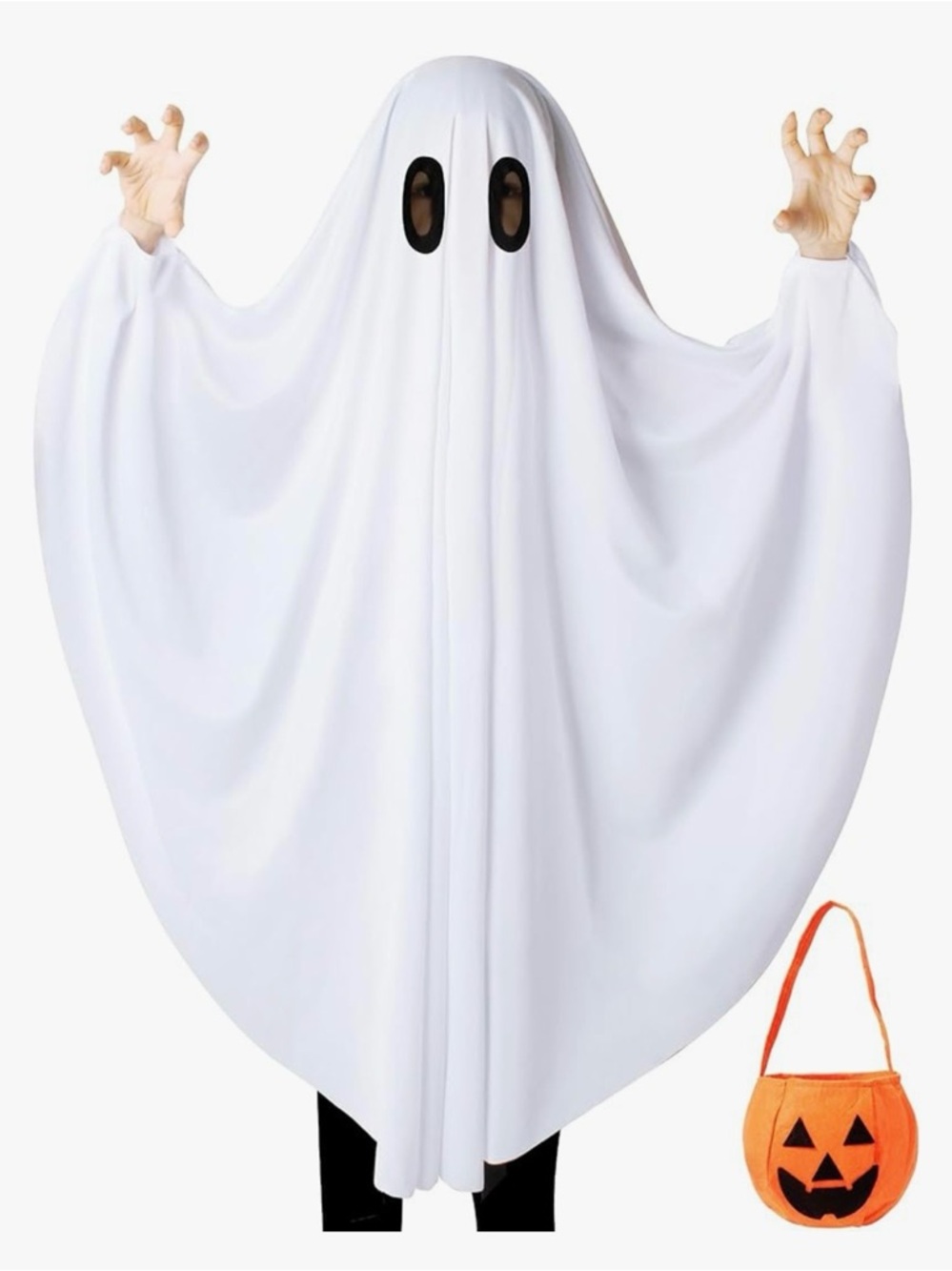 White Ghost Costume with Orange Jack-O'-Lantern Bag